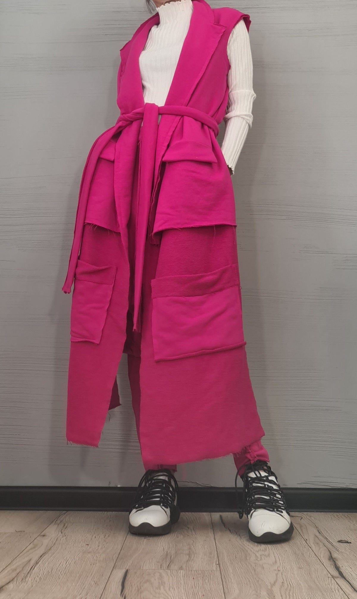 Fuchsia Cotton Co-Ord Set, Harem Pants, Asymmetrical Long Vest, Plus Size Outfit