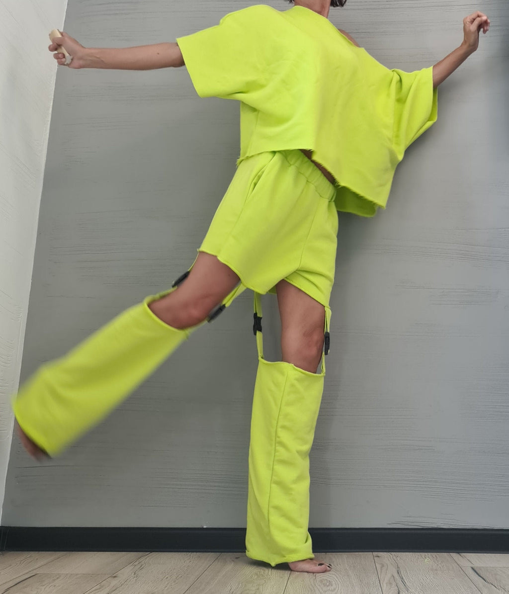 Lime Asymmetrical Blouse, Shorts with Detachable Pant Legs, Convertible Co-Ord Set