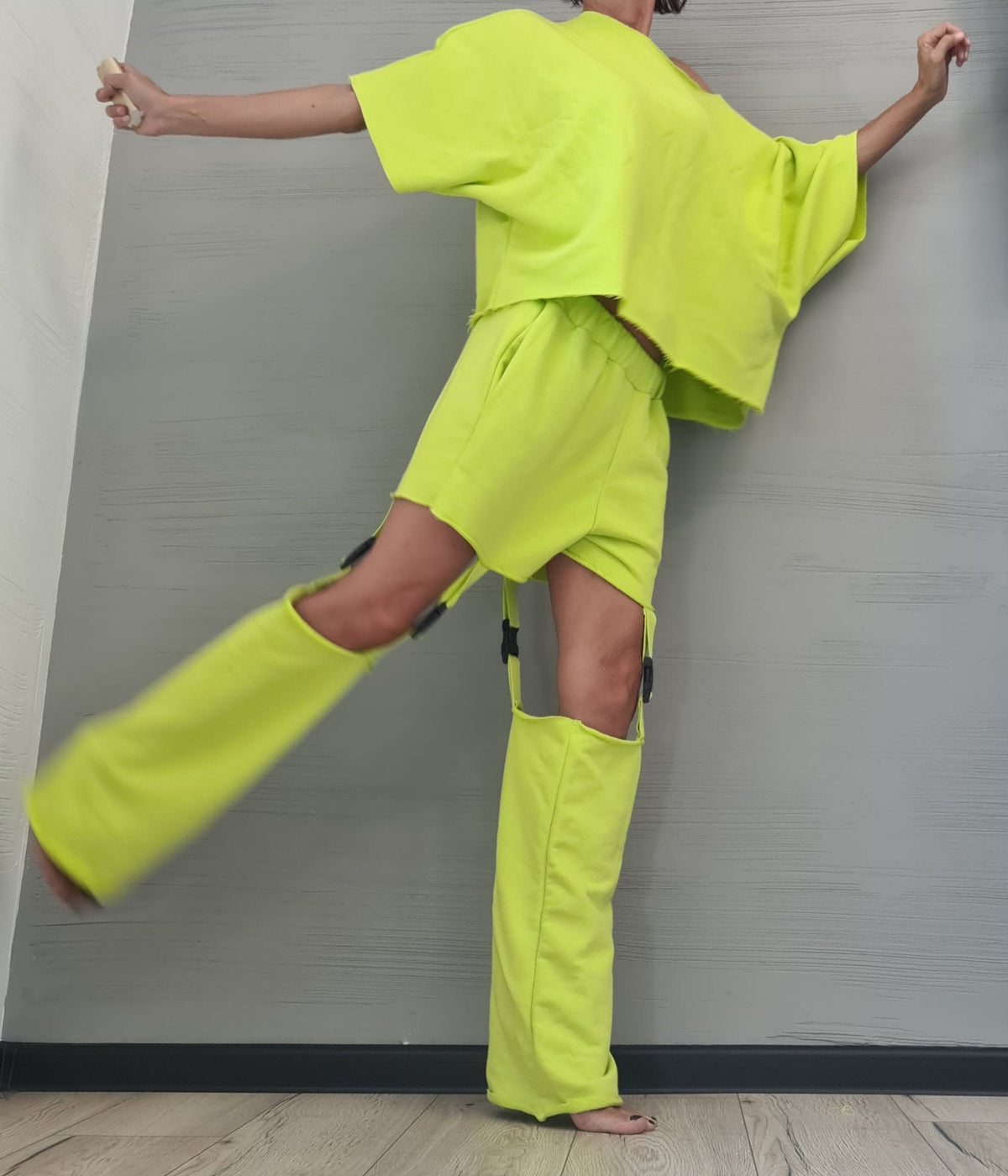 Lime Asymmetrical Blouse, Shorts with Detachable Pant Legs, Convertible Co-Ord Set