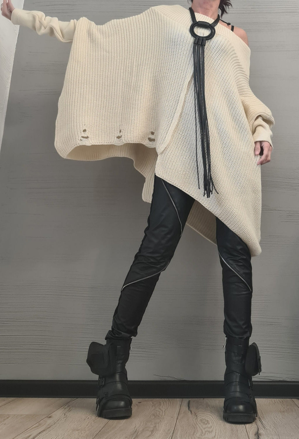 Mint Asymmetrical Knitted Tunic, Beige Avant Garde Top, Oversized Knit Sweater