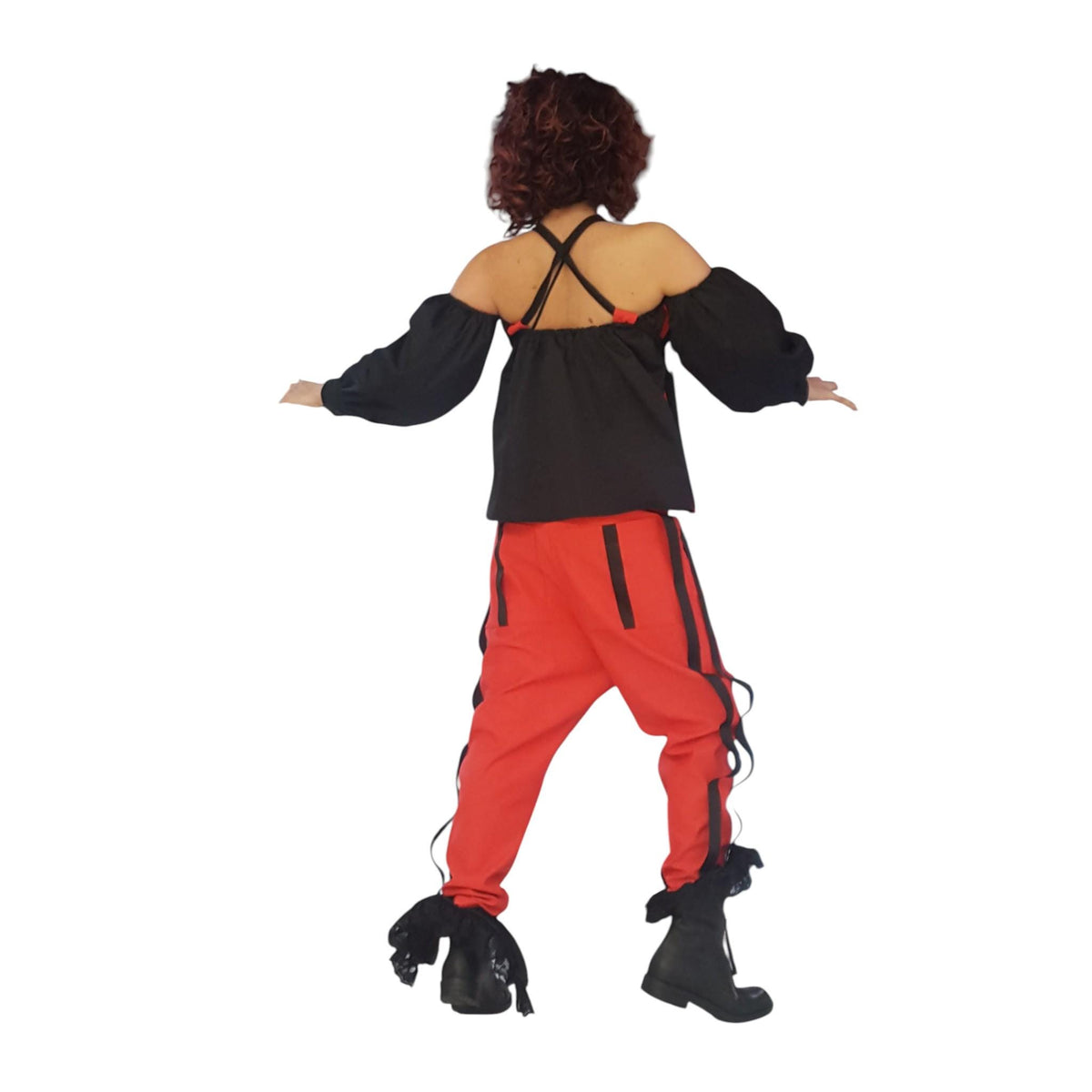 Red Cotton Co-Ord Set, Drop Crotch Pants, Black Cold Shoulder Batwing Blouse