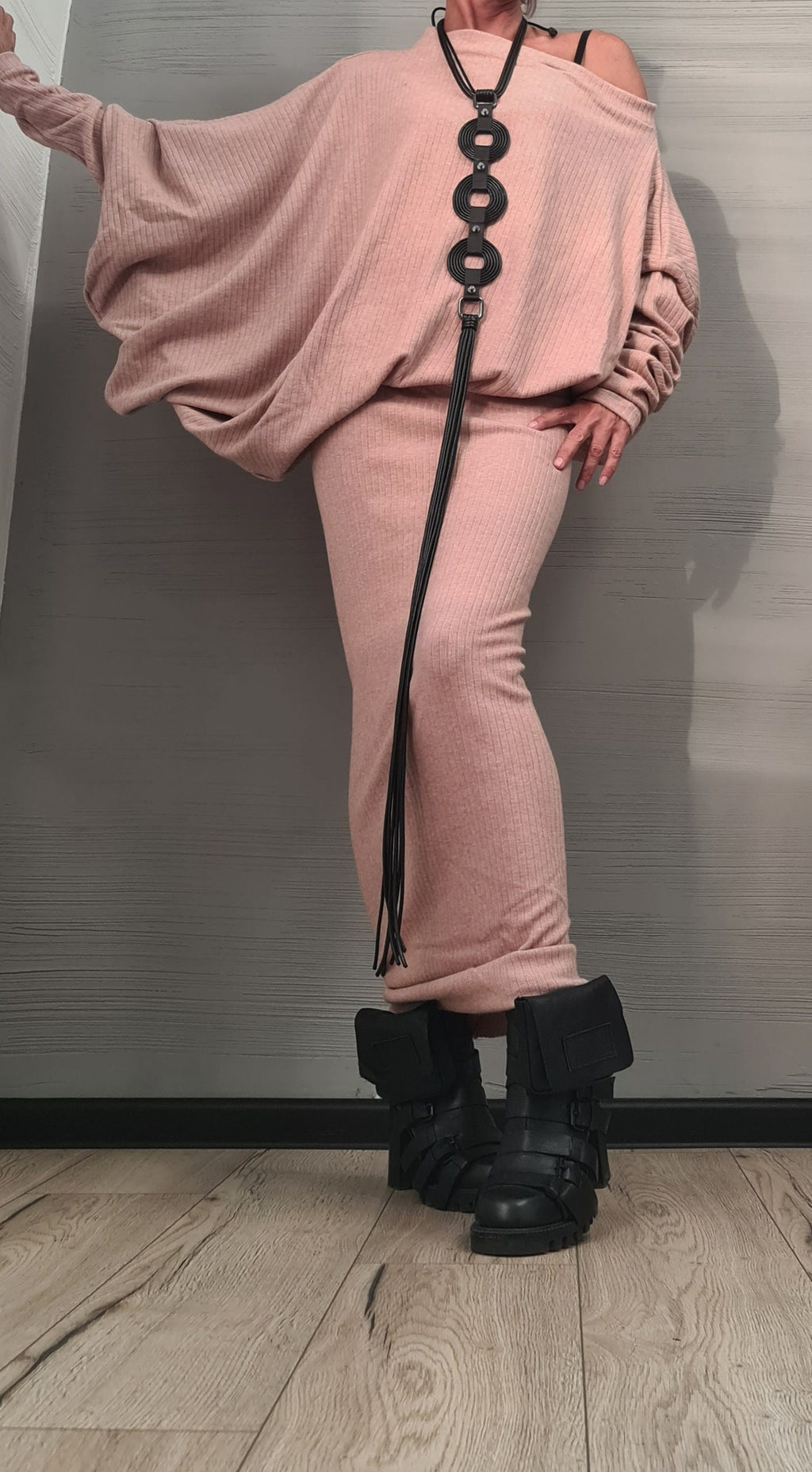 Pink Knit Pencil Skirt, Asymmetrical Long Sleeve Blouse, Plus Size Two Piece Co-Ord Set