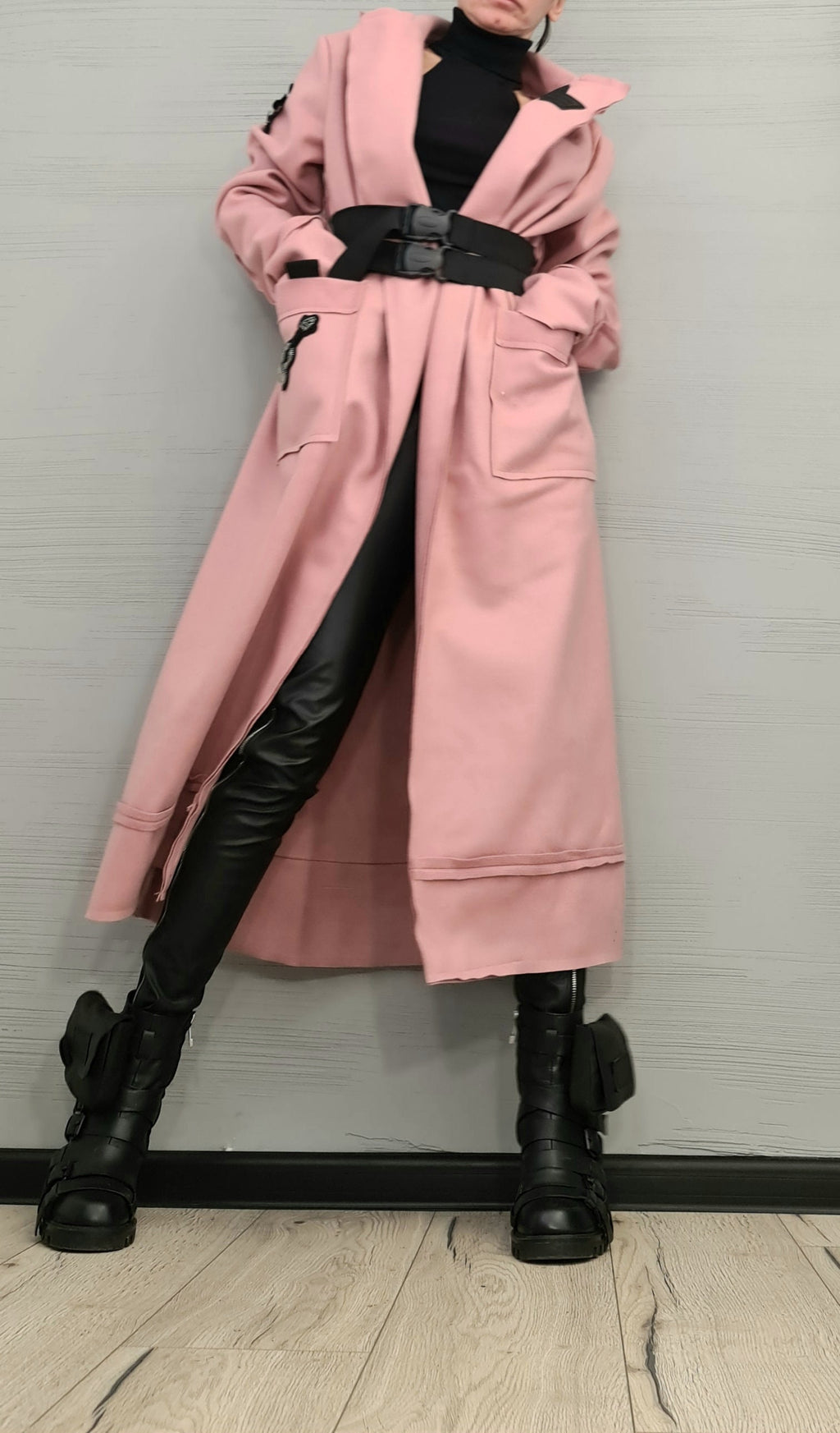 Dusty Rose Wrap Coat, Asymmetric Long Robe Jacket, Plus Size Double Belt Outerwear