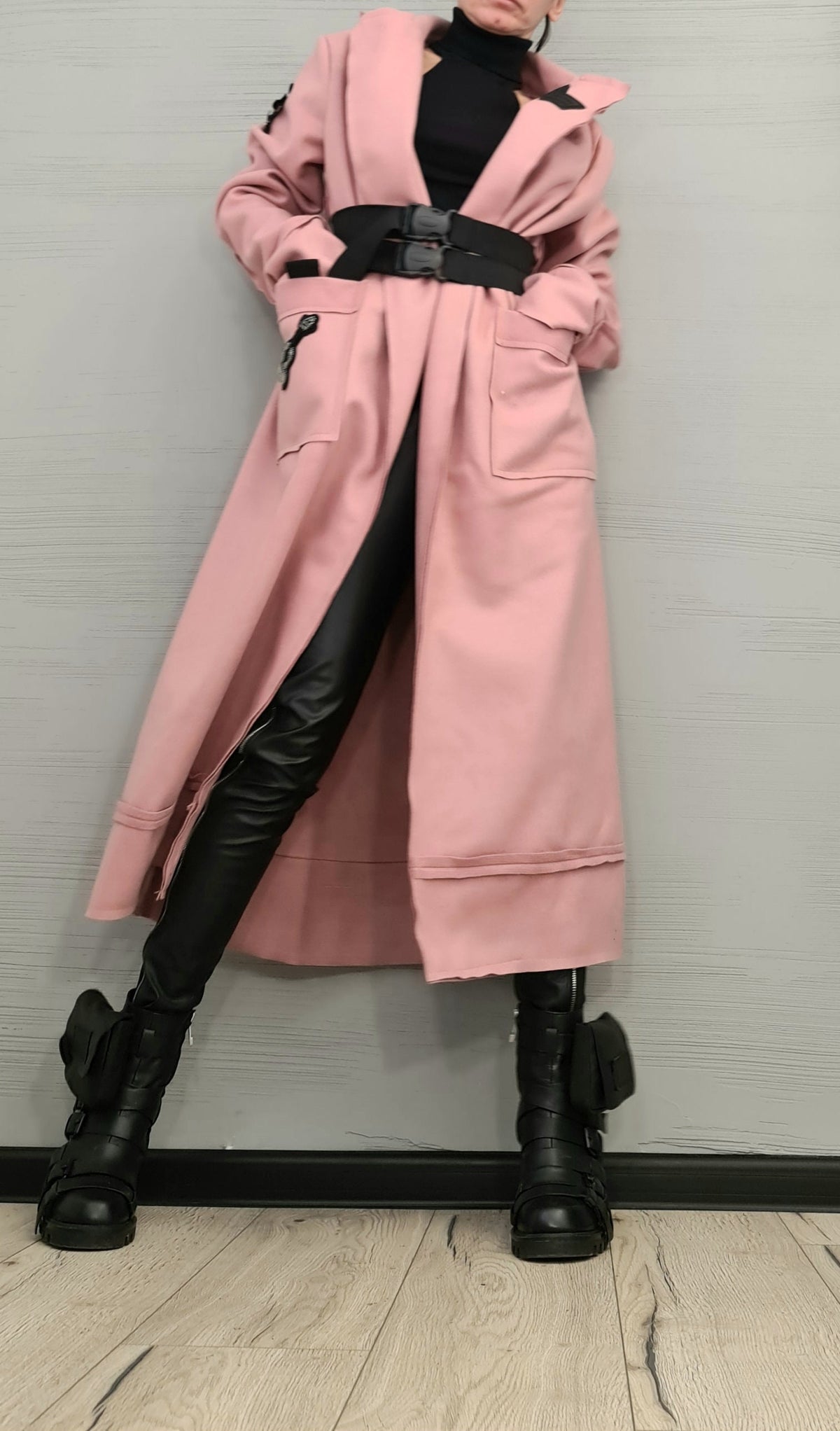 Dusty Rose Wrap Coat, Asymmetric Long Robe Jacket, Plus Size Double Belt Outerwear