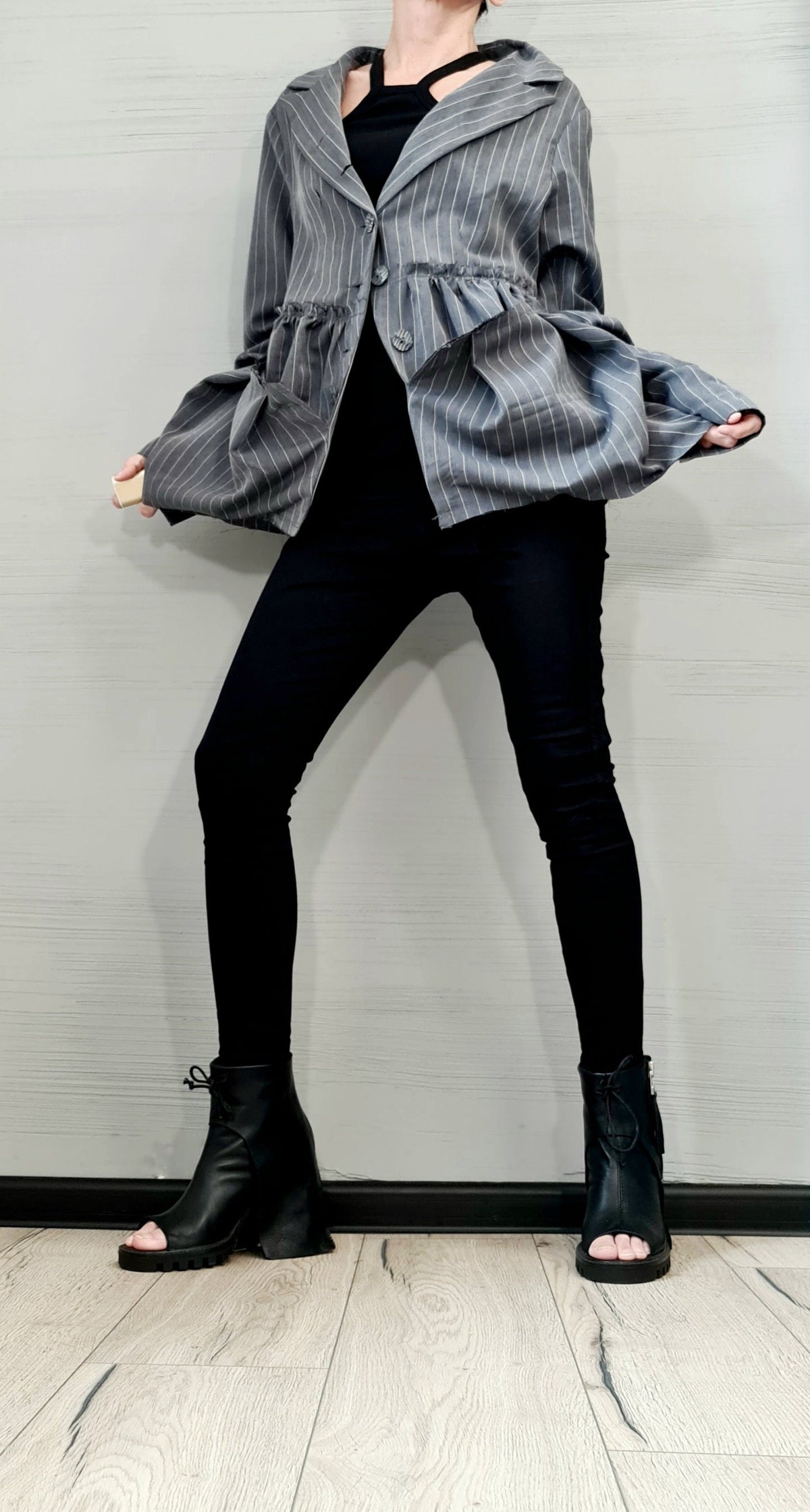 Gray Pinstripe Blazer, Oversized Asymmetric Cut Jacket, Plus Size with Large Gathered Pockets