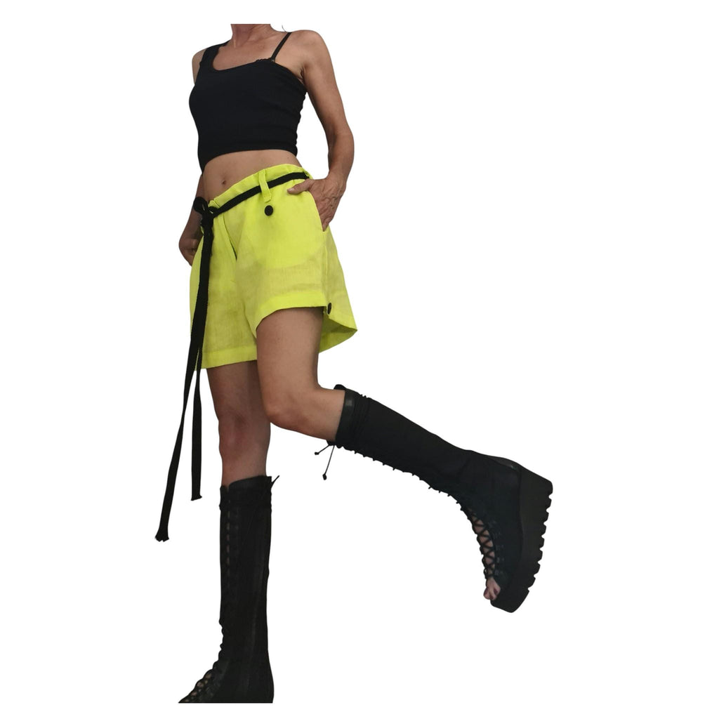 Lime Linen Avant Garde Shorts for Women, Wide Leg Summer Urban Pants
