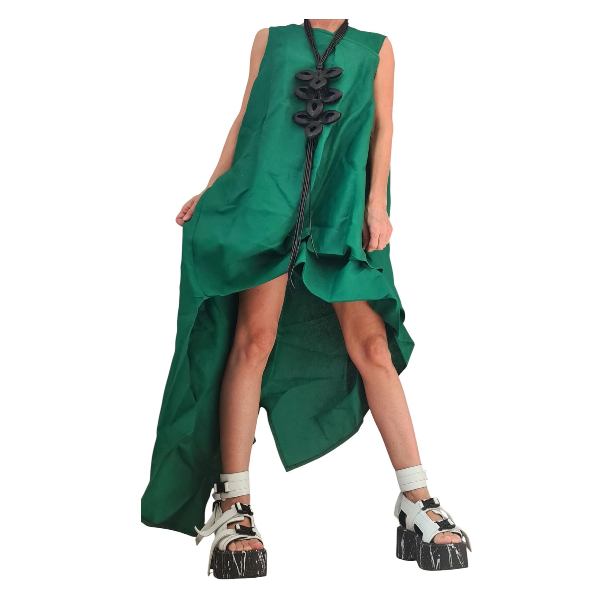 Green Linen Dress, High Low Asymmetric Design, Short Front Long Back, Sleeveless Linen Tunic