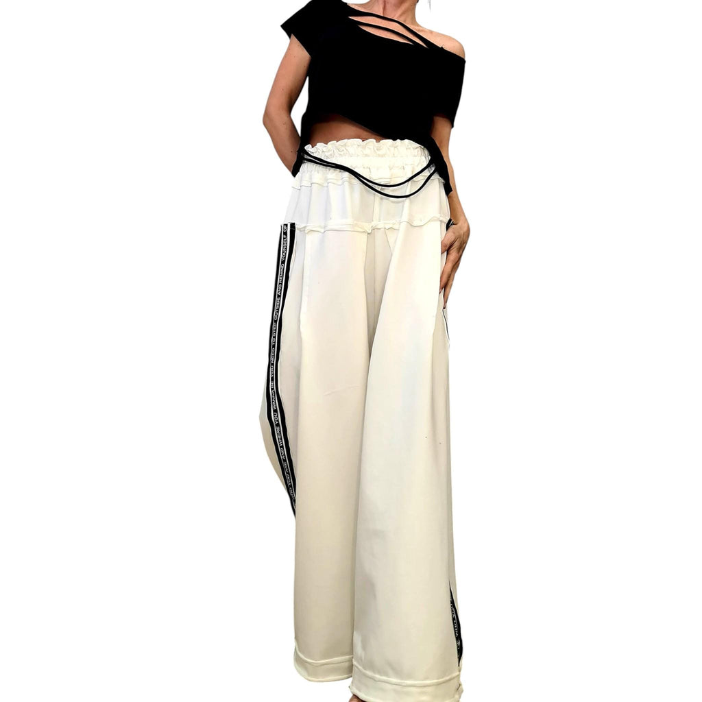 Ivory French Terry Wide Leg Pants, Relaxed Cotton Trousers, Elastic Waist
