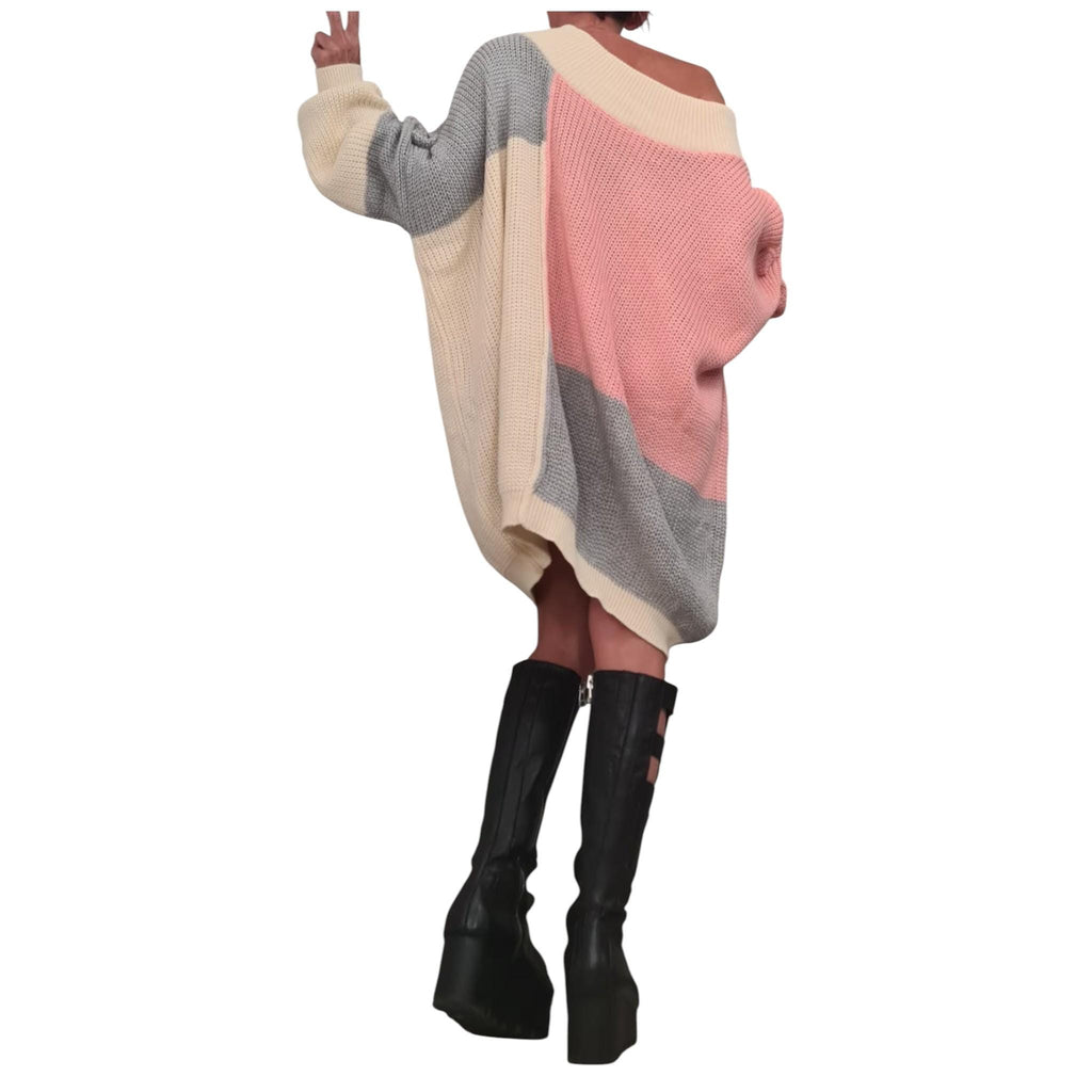 Dusty Rose Color Block Asymmetric Knit Tunic, Oversized Off Shoulder Sweater, Plus Size Top