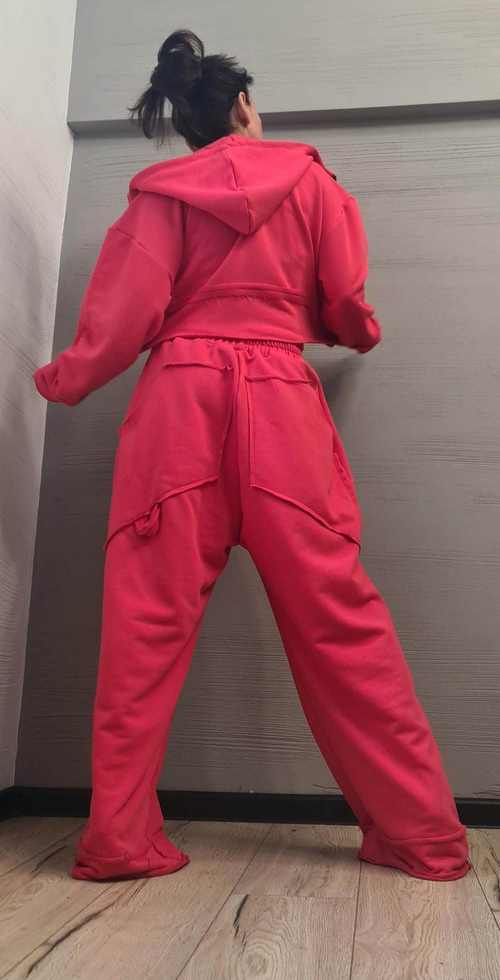 Red Cotton Wide Leg Pants, Cropped Hooded Sweatshirt, Two Piece Co-Ord Tracksuit Set