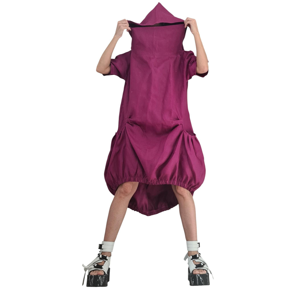 Plum Purple Linen Hooded Dress, Asymmetric Off Shoulder Dress, Oversized Short Sleeve Dress, Avant Garde Handmade Clothing