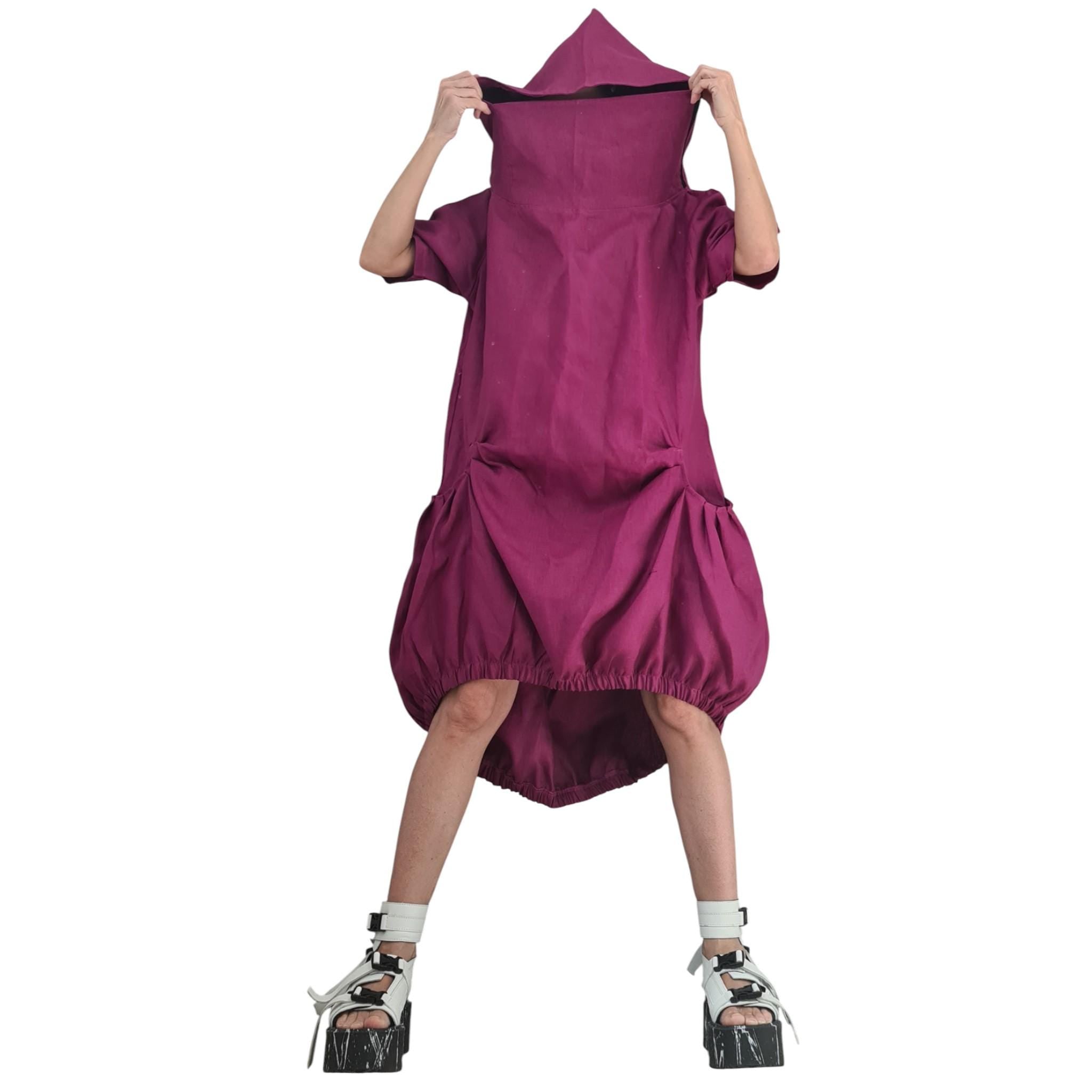 Plum Purple Linen Hooded Dress, Asymmetric Off Shoulder Dress, Oversized Short Sleeve Dress, Avant Garde Handmade Clothing