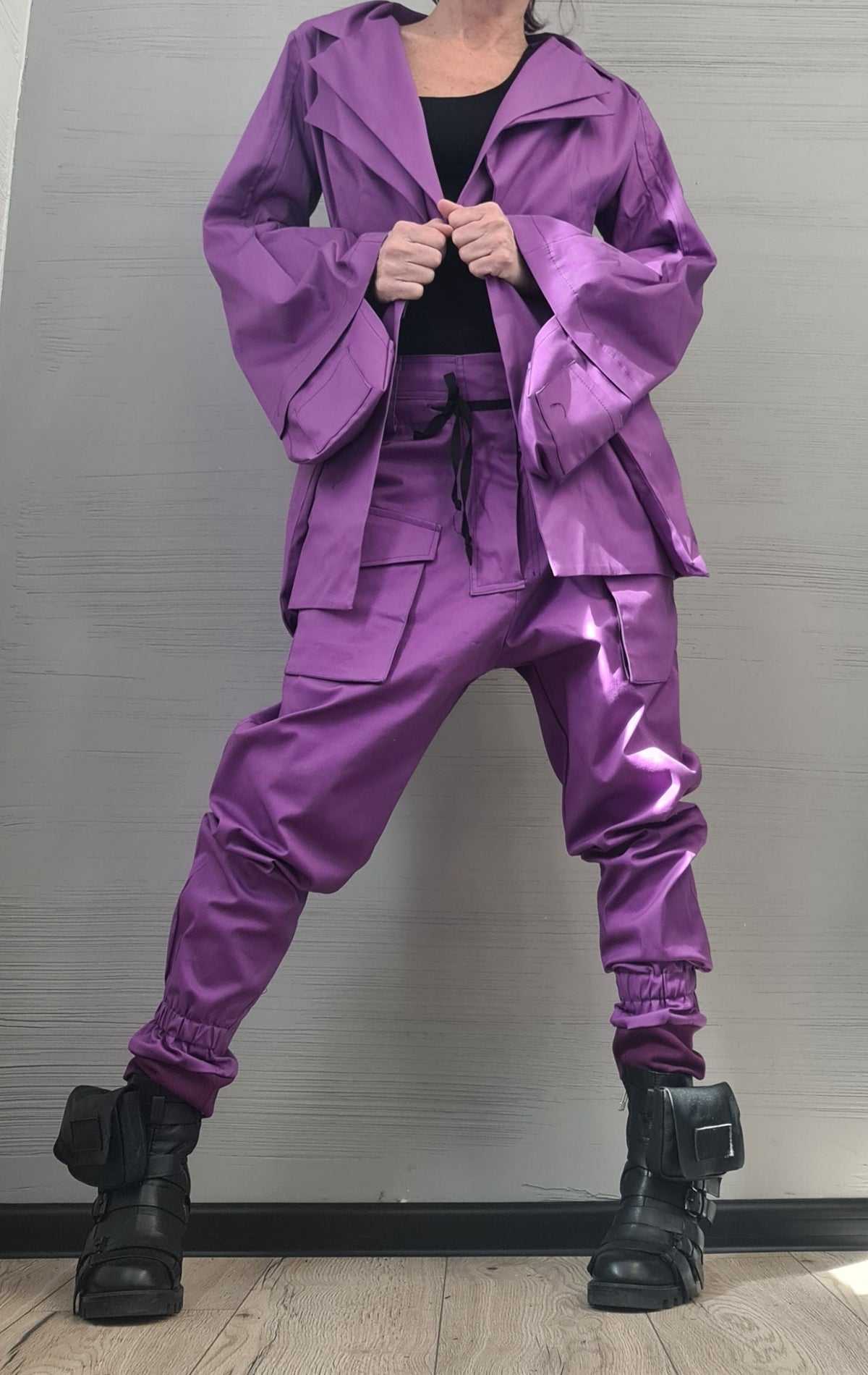 Purple Cotton Cargo Pants, Asymmetrical Deconstructed Tailored Blazer, Bell Sleeves, Two-Piece Co-Ord Set