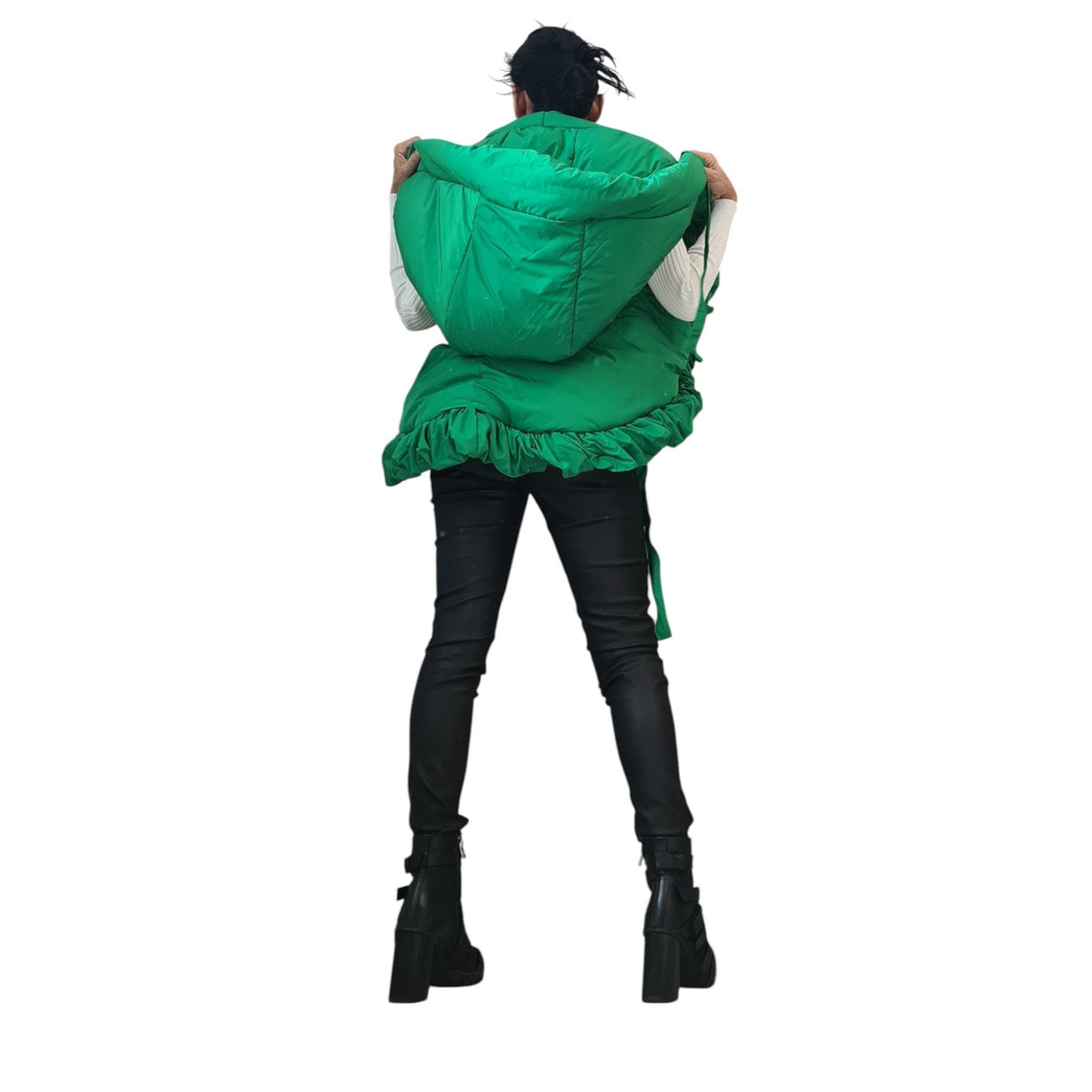 Fuchsia Oversized Puffer Vest, Sleeveless Jacket with Extra Large Hood, Asymmetrical Ruffled Hem