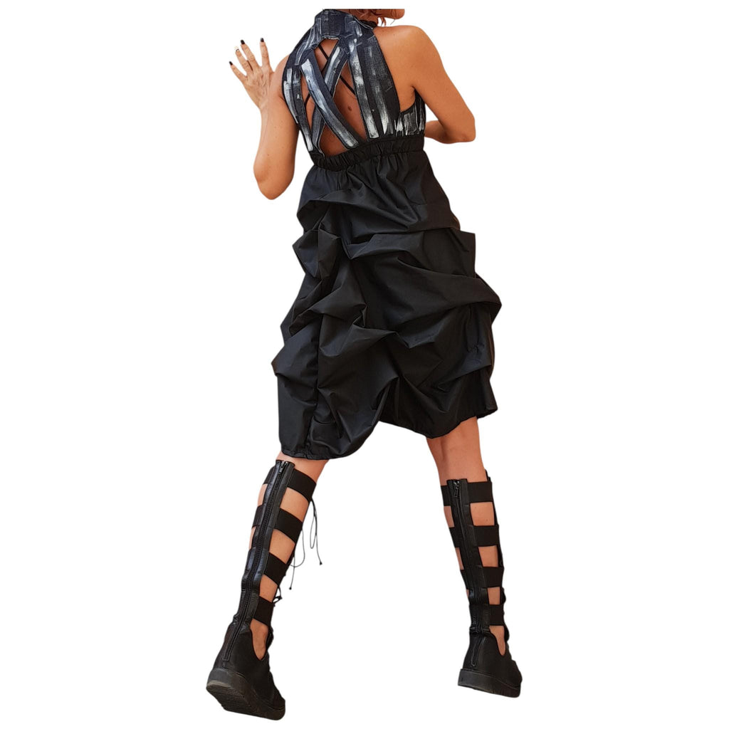 Open Back Maxi Dress, Denim Top Black Bottom Dress, Oversized Avant Garde Clothing