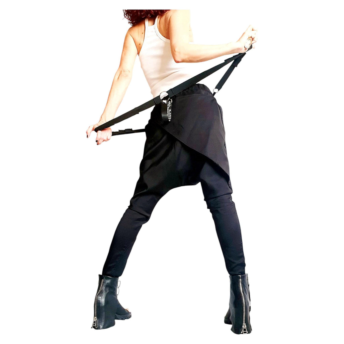 Black Drop Crotch Pants, Apron Panel Trousers, Tapered Leg