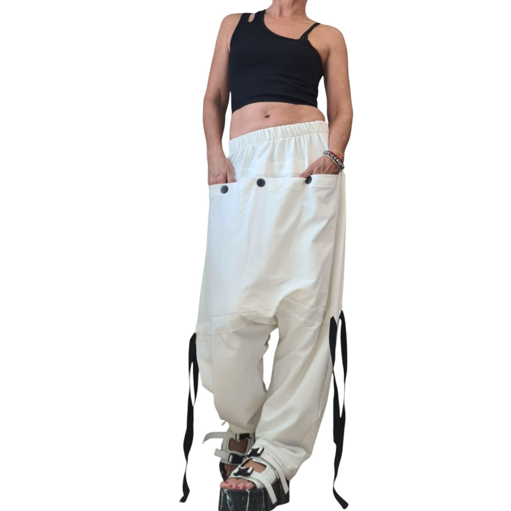 White Jersey Harem Pants, Drop Crotch Trousers, Oversized Pocket, Slim Legs, Elastic Waist