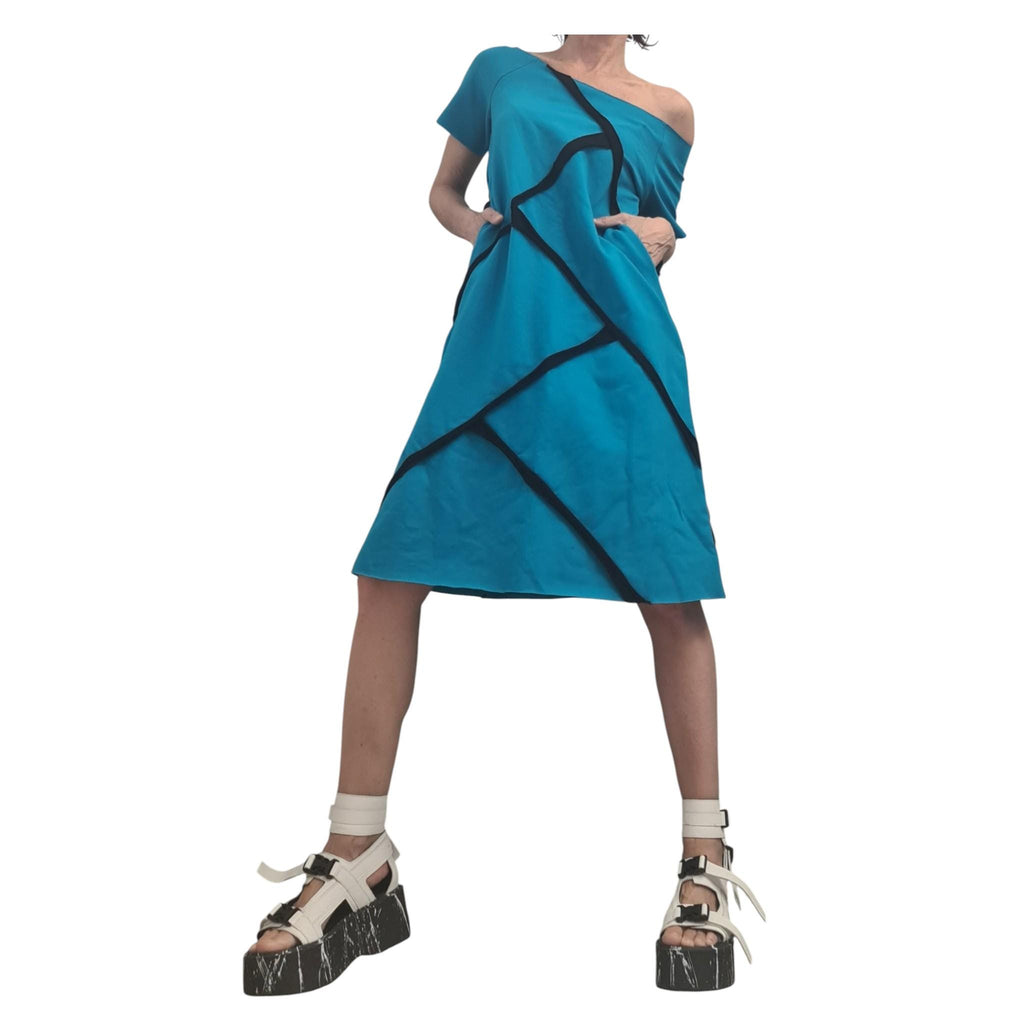 Blue Cotton Tunic Dress, Plus Size Asymmetric Outfit, Short Sleeve Fashion for Women