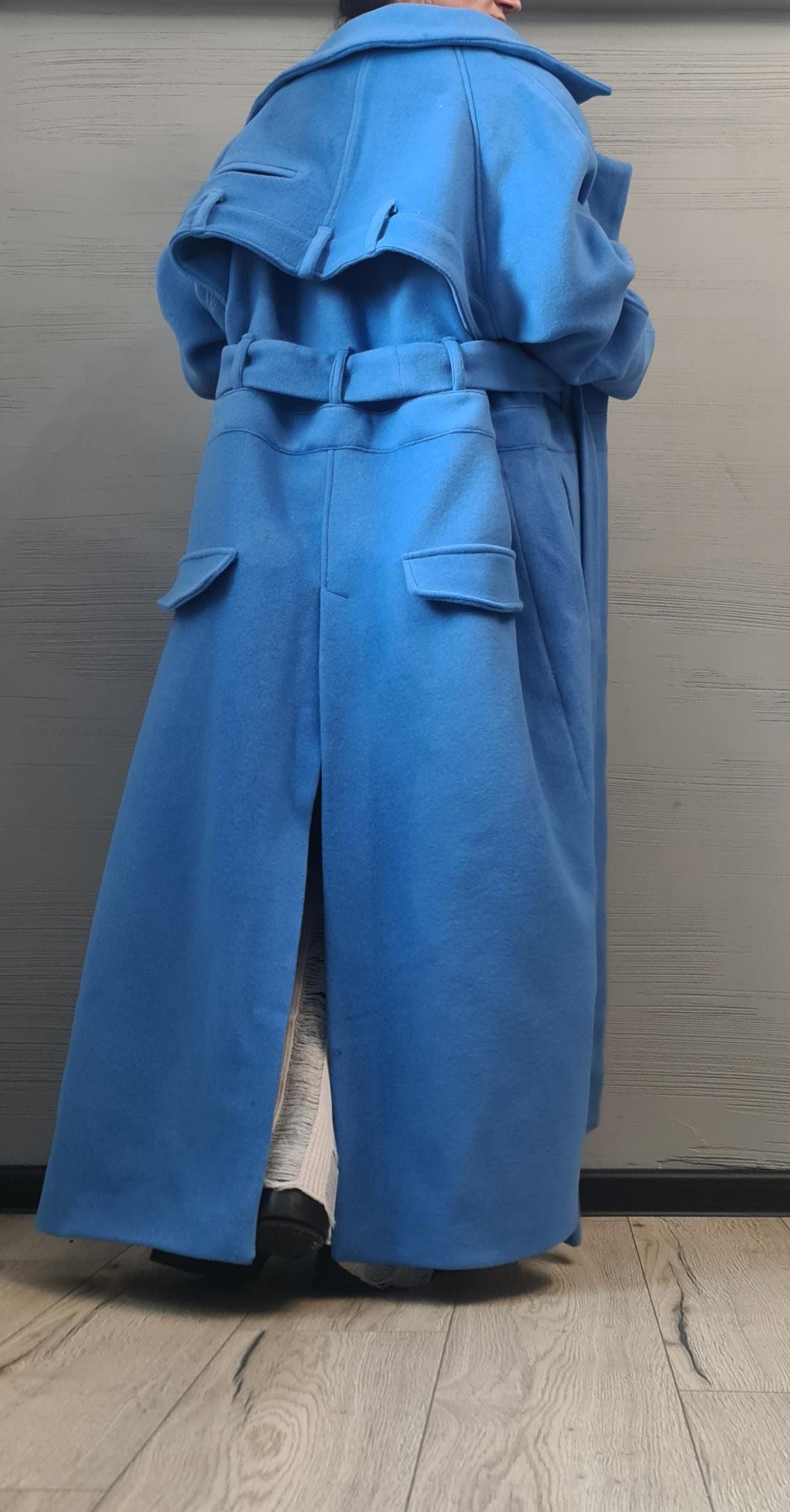 Blue Oversized Maxi Coat, Structured Shoulder Long Jacket, Belted Winter Trench