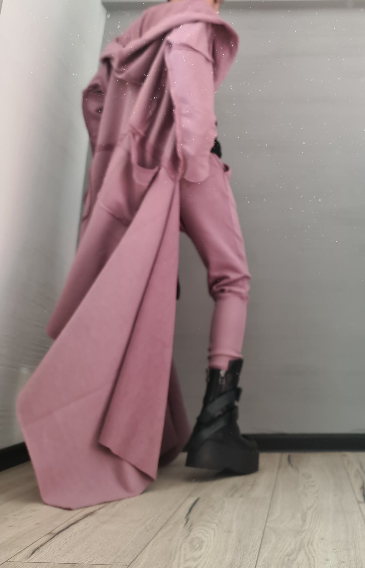 Dusty Rose Hooded Cotton Vest, Plus Size Asymmetric Gilet, Long Sleeveless Jacket