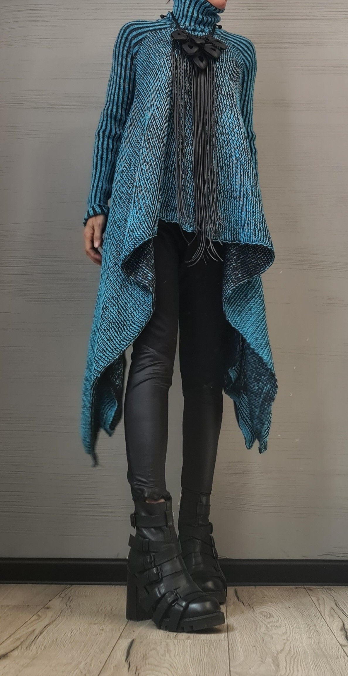 Turquoise Wool Blend Turtleneck Sweater, Asymmetric Knit Blouse, Plus Size Top