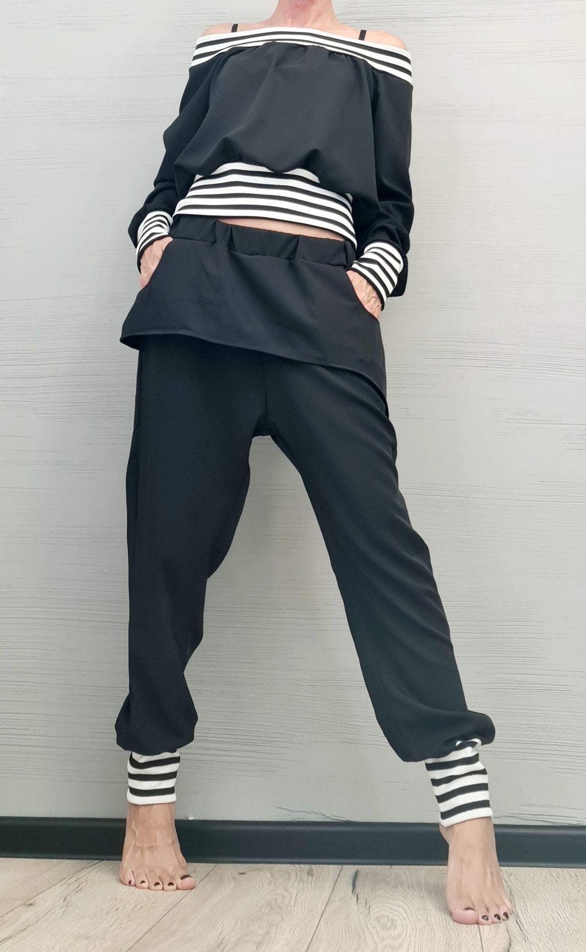 Black Tapered Harem Pants, Asymmetrical Skirt Overlay, Off Shoulder Blouse