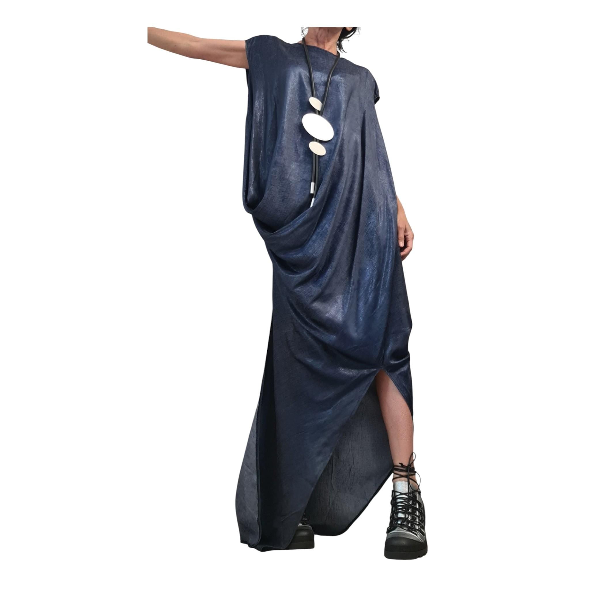 Denim Extravagant Long Dress, Shiny denim Avant Garde Dress, One Shoulder Dress, Drape Dress, Loose Dress, without sleeve
