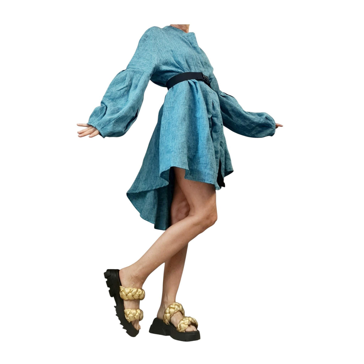 Turquoise Linen Dress for Women, Handmade Clothing, Oversized Asymmetrical Tunic, Balloon Sleeves