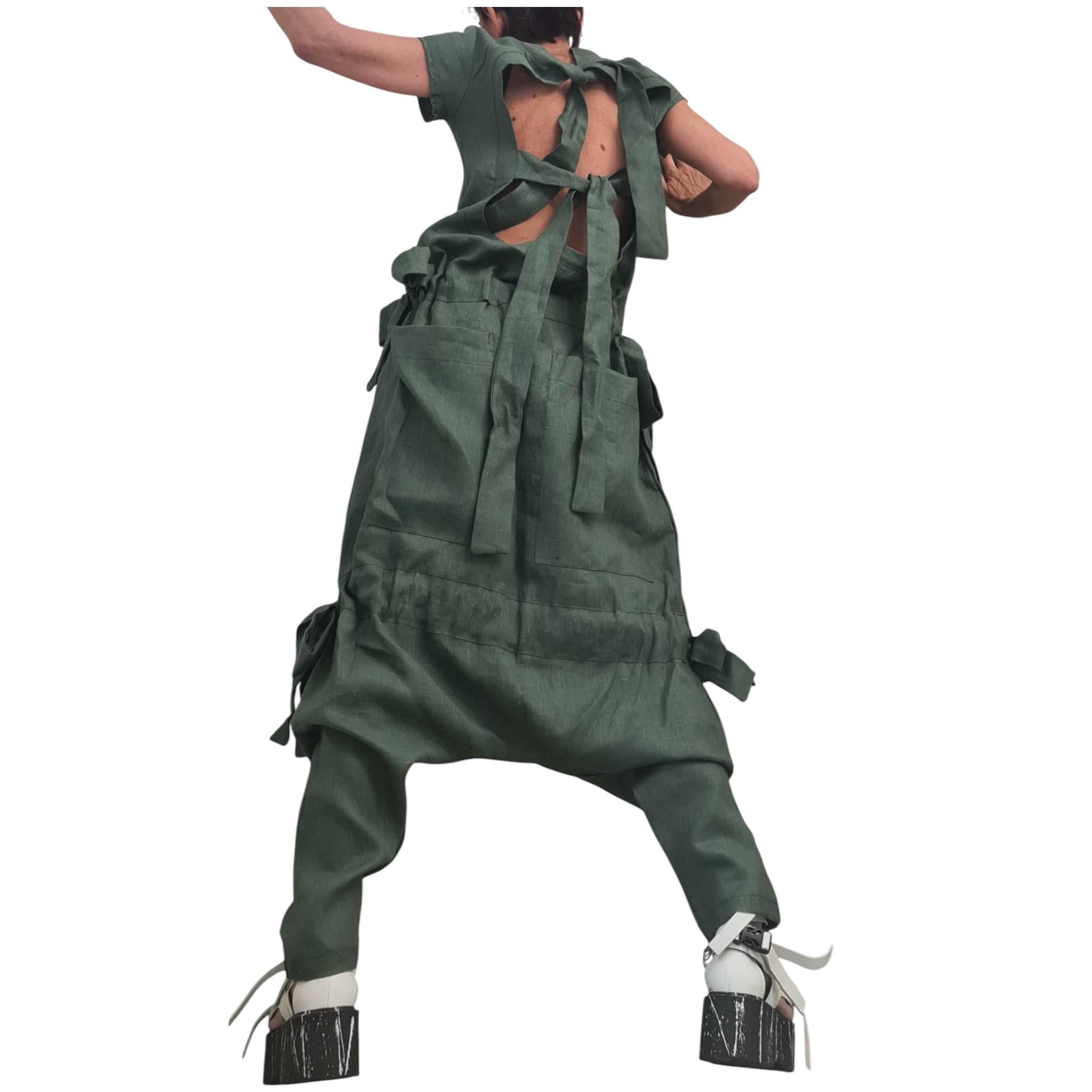 Olive Oil Asymmetric Linen Woman Jumpsuit, Wide Leg Harem Sleeveless Loose Overall