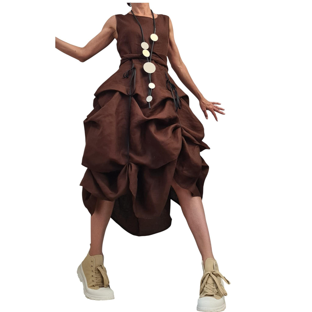 Brown Linen Sleeveless Dress for Women, Asymmetric Midi Shape, Adjustable Summer Linen Outfit