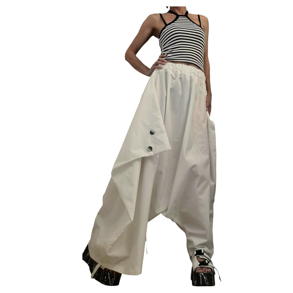 White Asymmetric Harem Pants Skirt, Adjustable Wrap, Drop Crotch Trousers