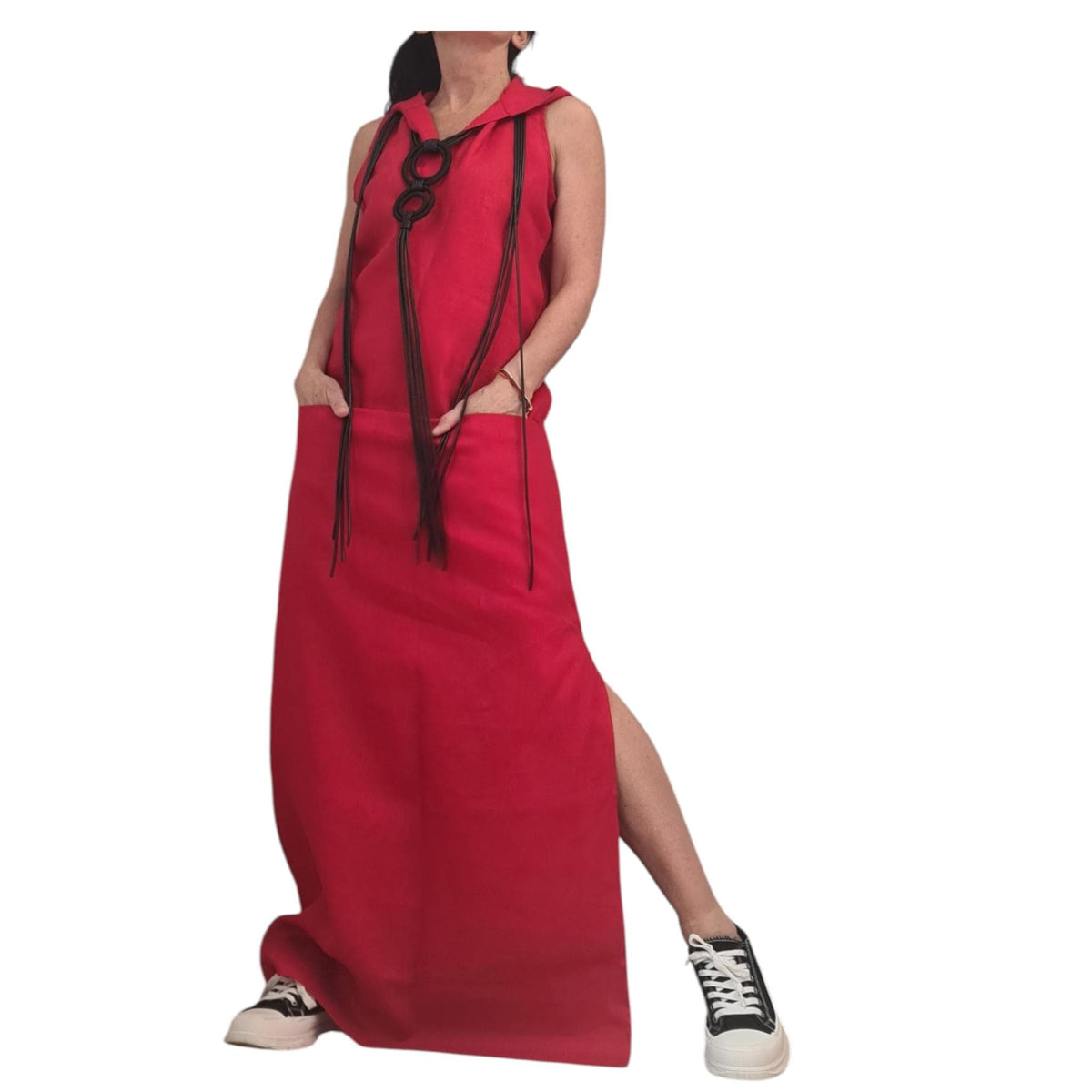 Red Linen Hooded Maxi Dress Women, Sleeveless Long Kaftan, Boho Summer Sundress
