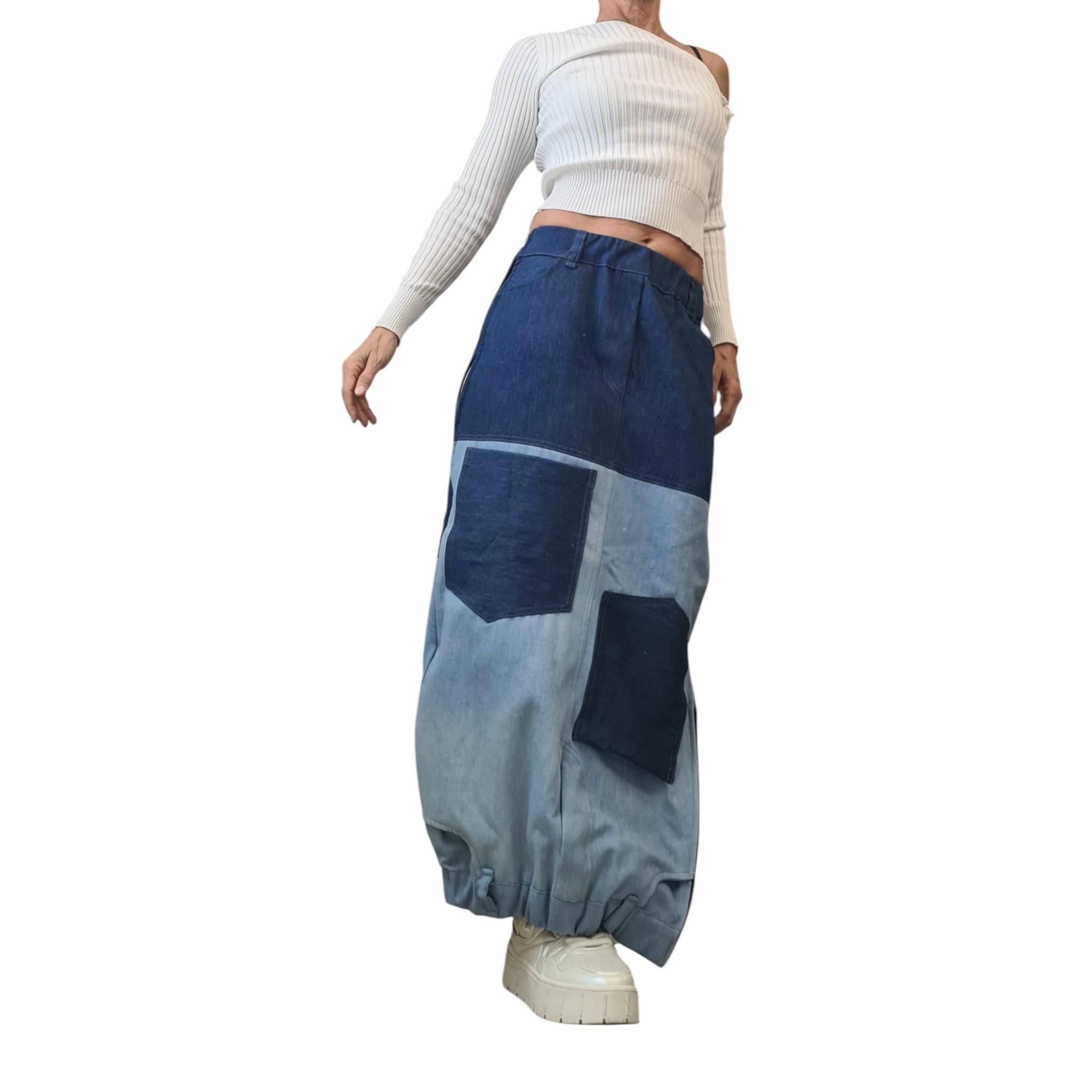 Reversible Two-Tone Denim Maxi Skirt | Handmade Patchwork Skirt, Women’s Clothing