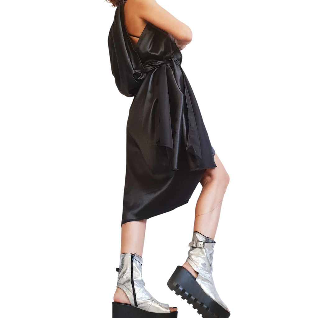 Asymmetric Black Satin Dress, Open Back, Plus Size