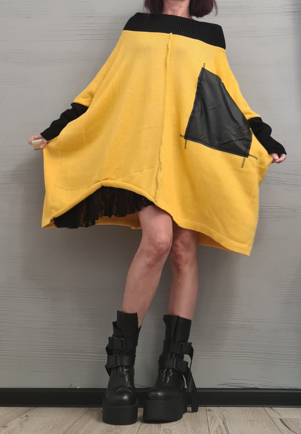 Yellow Asymmetrical Knitted Tunic, Oversized Knit Sweater, Plus Size Top