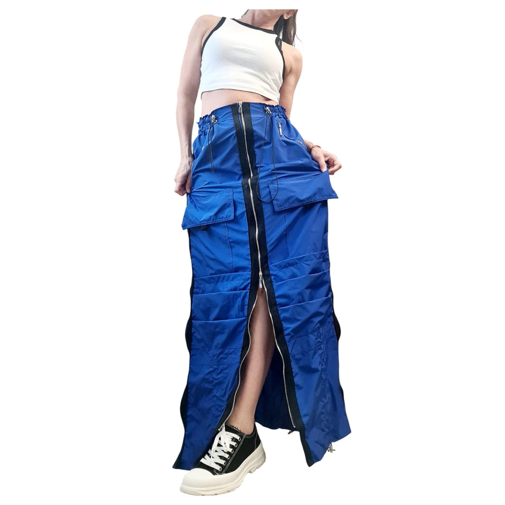 Royal Blue Maxi Cargo Skirt with Zippers, Oversized Avant Garde Clothing, Techwear Festival Outfit