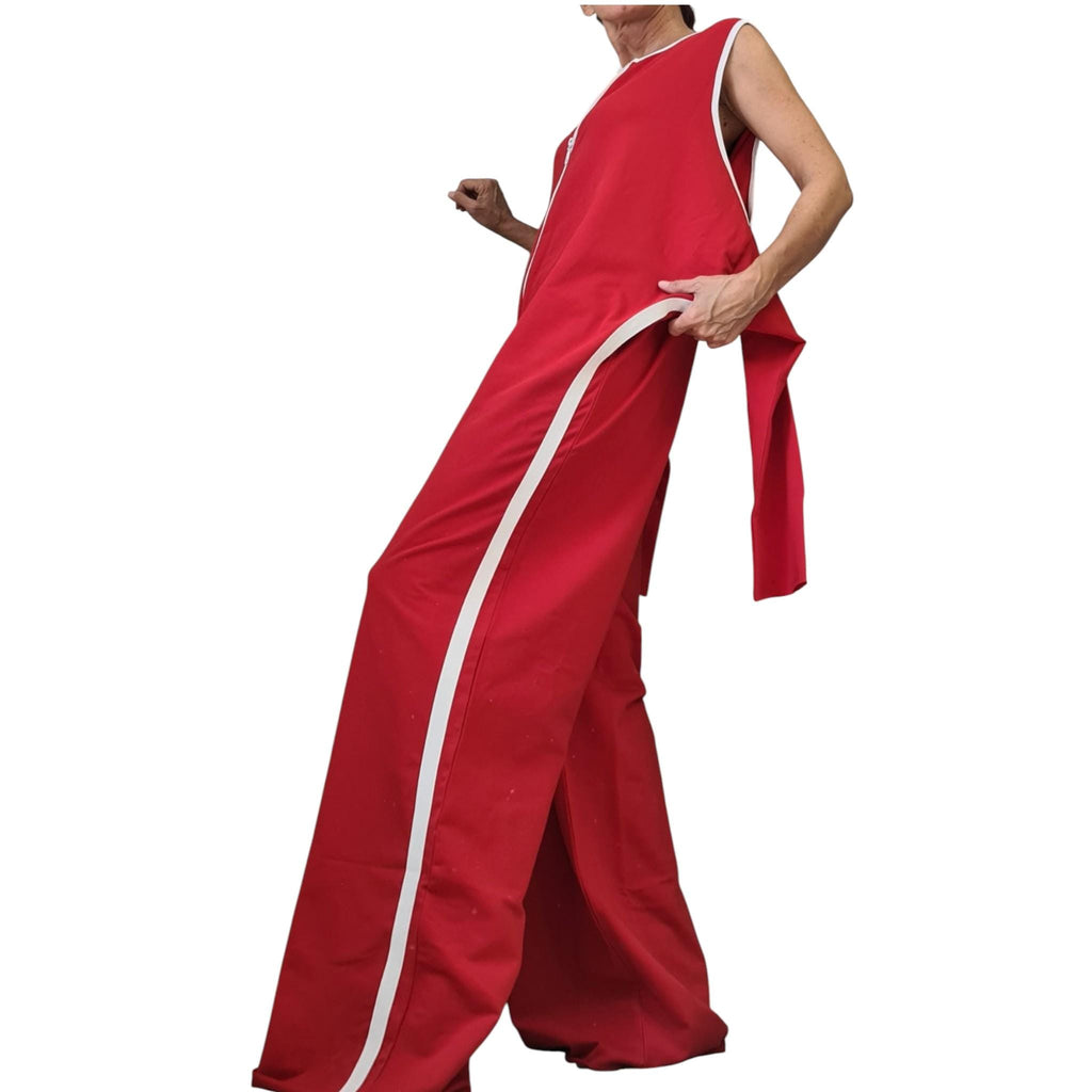 Red Cotton Harem Jumpsuit, Wide Leg Overall, With and without sleeve