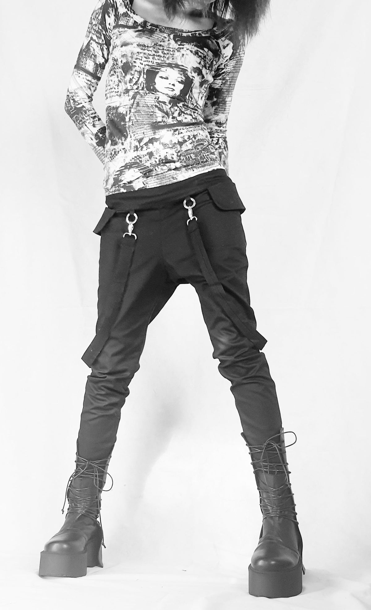 Black Slim Leg Pants, Side Pockets, Decorative Suspenders