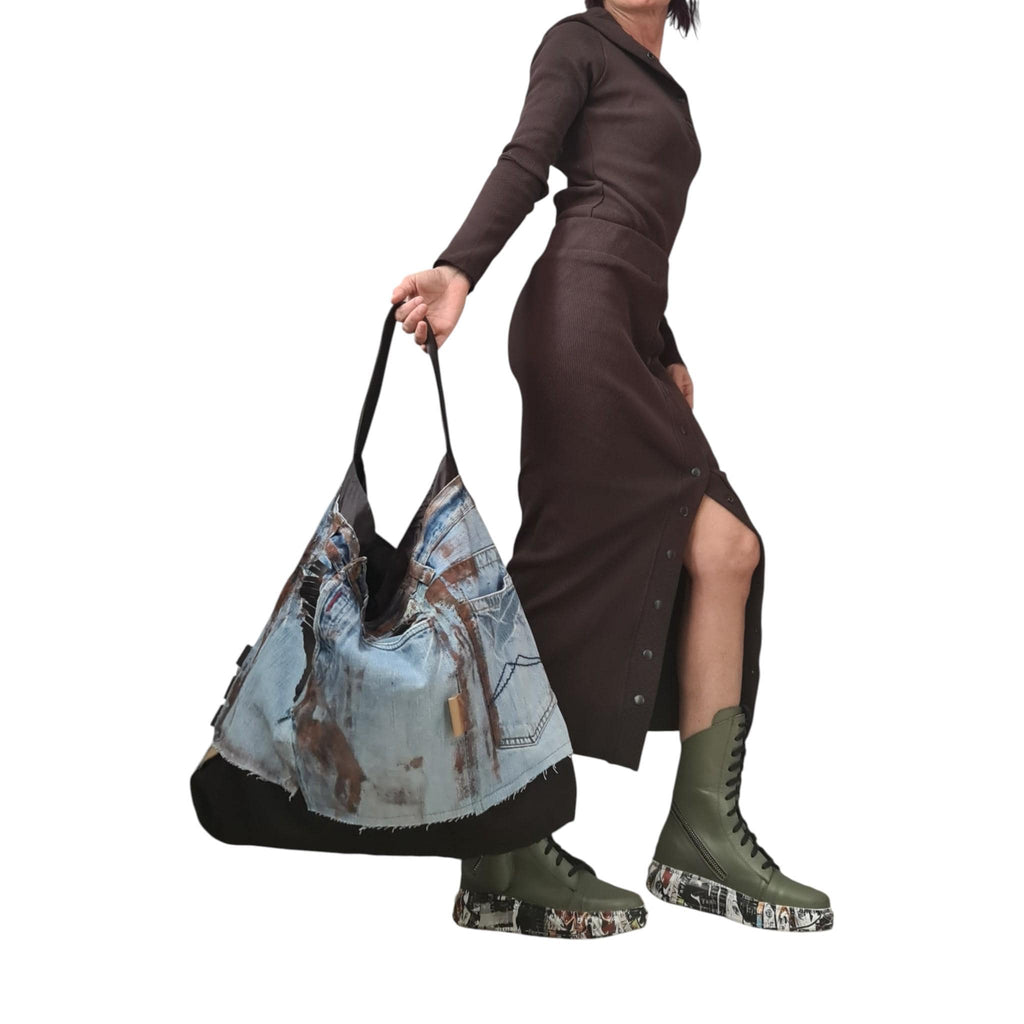 Avant Garde Large Denim Bag, Asymmetrical Patchwork Tote, Handmade Painted Shoulder Bag Women