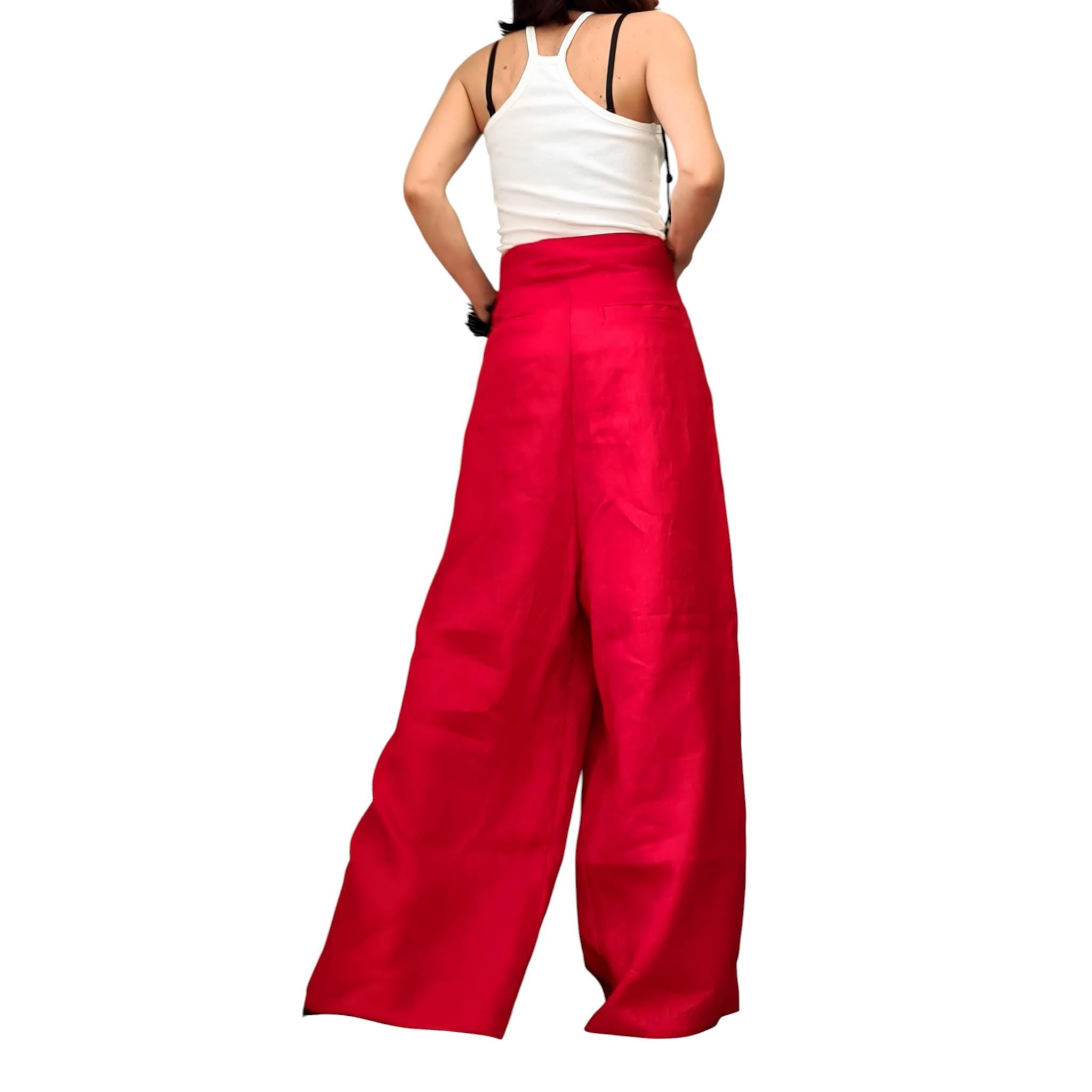 Red Wide Leg Linen Pants, Adjustable Waist Wrap Design, Avant Garde Oversized Trousers