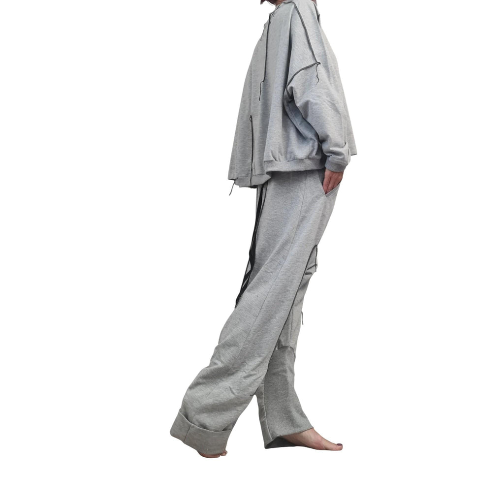 Grey Cotton Harem Pants Set, Asymmetrical Oversized Blouse, Women's Plus Size Loungewear Set