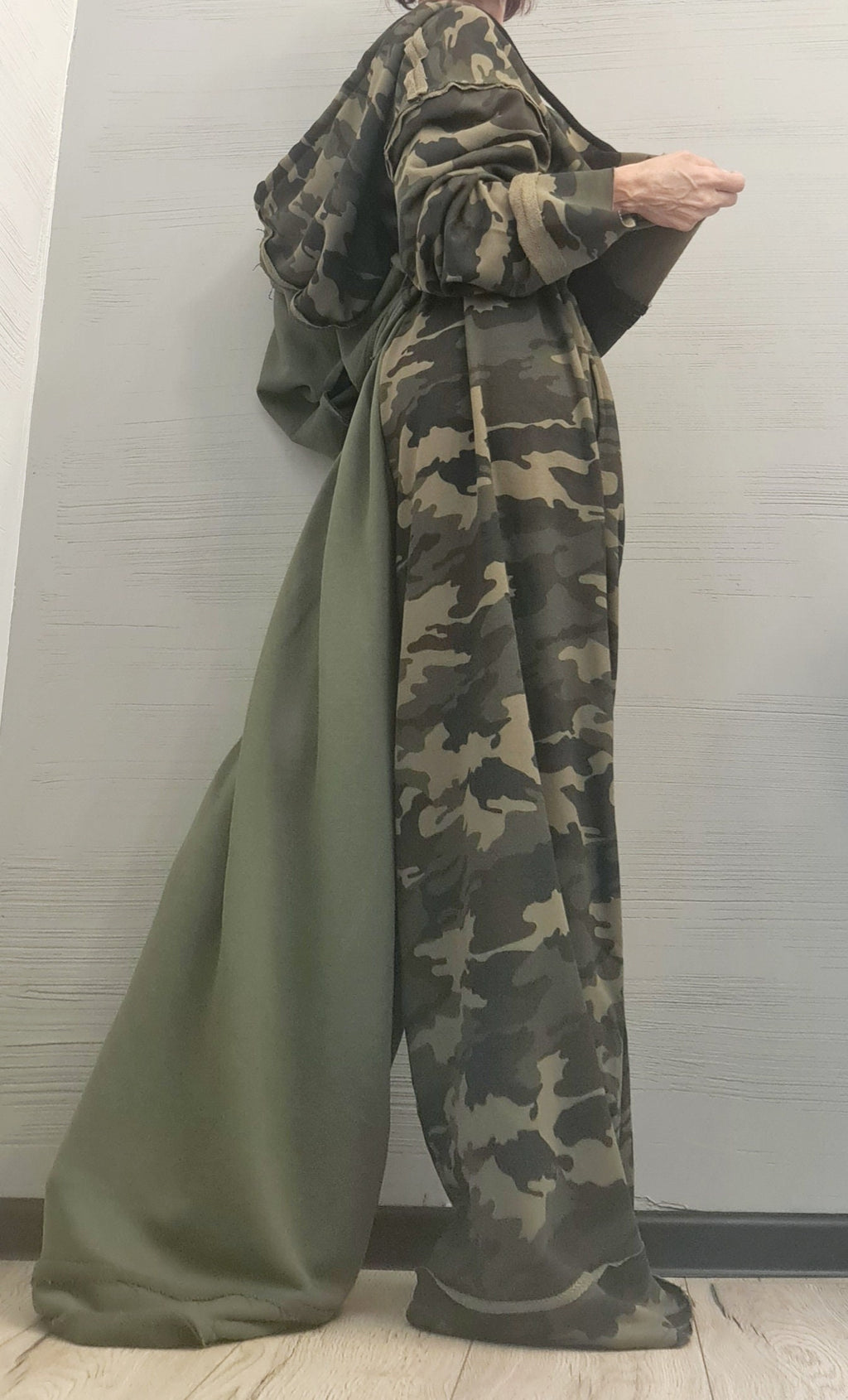 Olive Green Cotton Wide Leg Pants, Cropped Oversized Hoodie, Camouflage Panels, Two-Piece Co-Ord Set