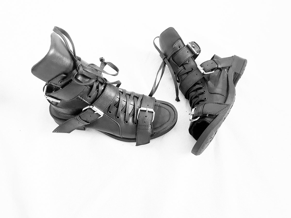 Gothic Gladiator Sandals, Black Leather Greek Style Shoes, Open Toe Summer Footwear