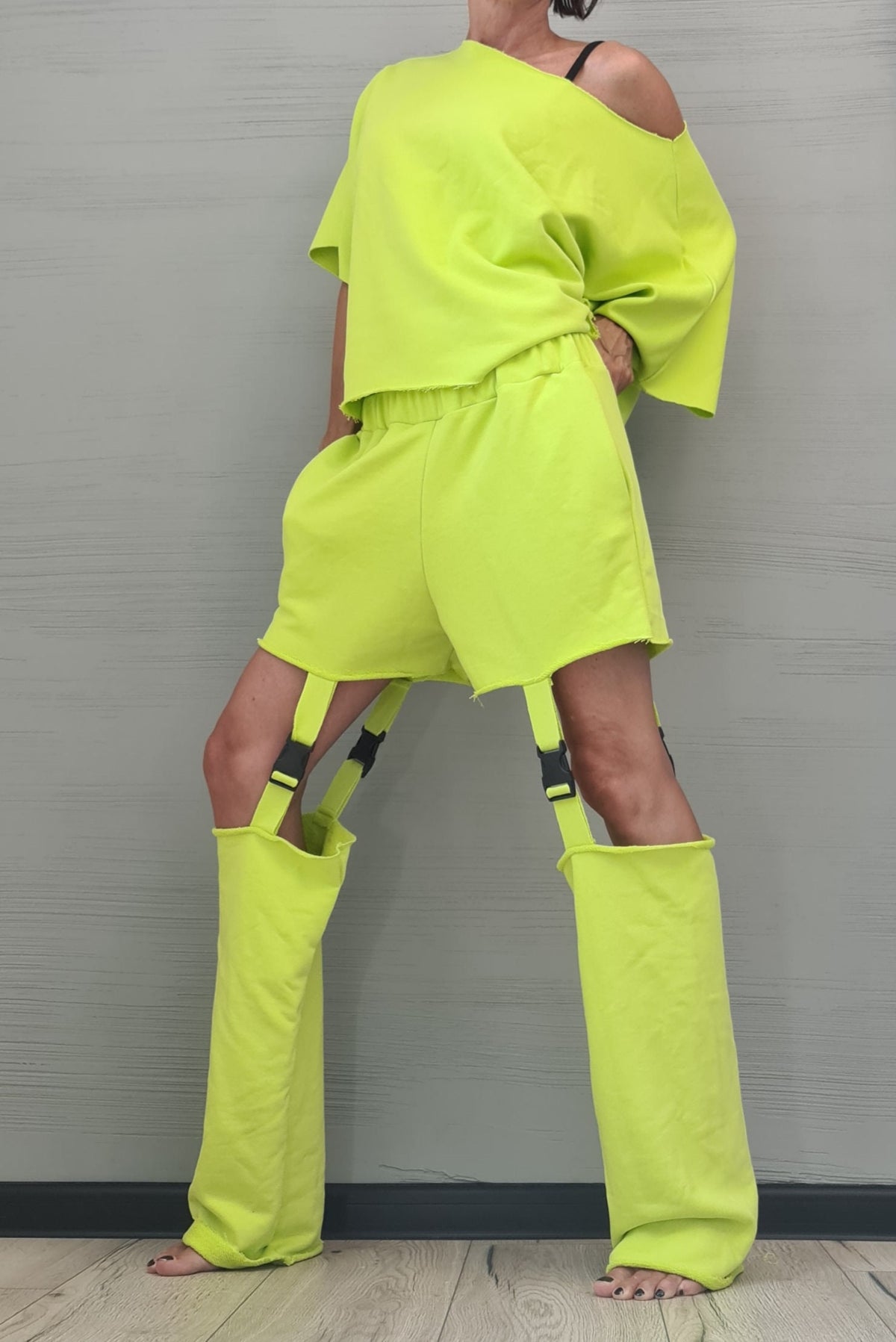 Lime Asymmetrical Blouse, Shorts with Detachable Pant Legs, Convertible Co-Ord Set