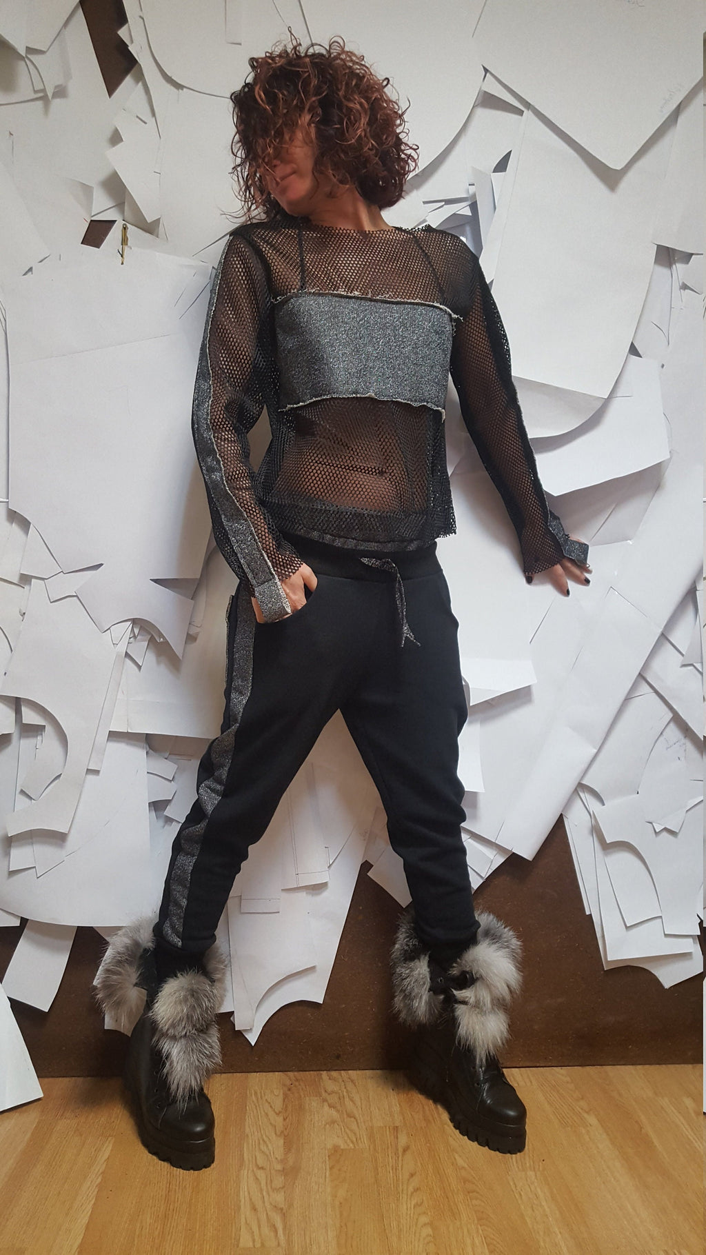 Black Drop Crotch Pants, Asymmetrical Long Sleeve Mesh Blouse, Metallic Trim Two Piece Co-Ord Set