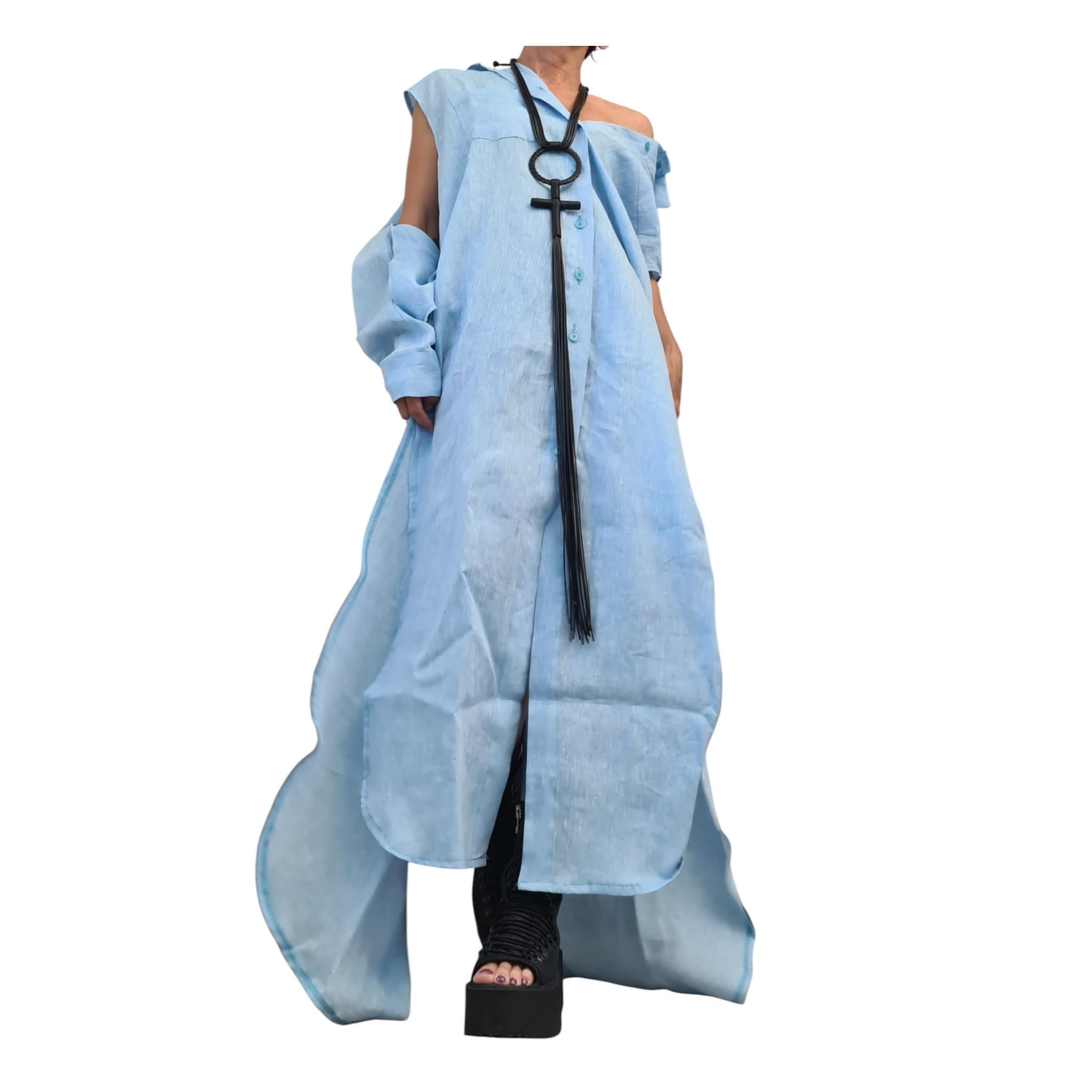 Baby Blue Linen Shirt, Long Asymmetric Kaftan, Open Back, Maxi Loose Summer Oversized Dress
