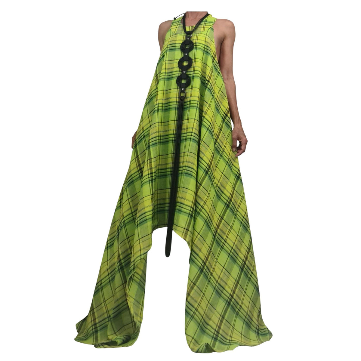 Lime Plaid Linen Maxi Dress for Women, Sleeveless Asymmetric Kaftan, Open Back Dress