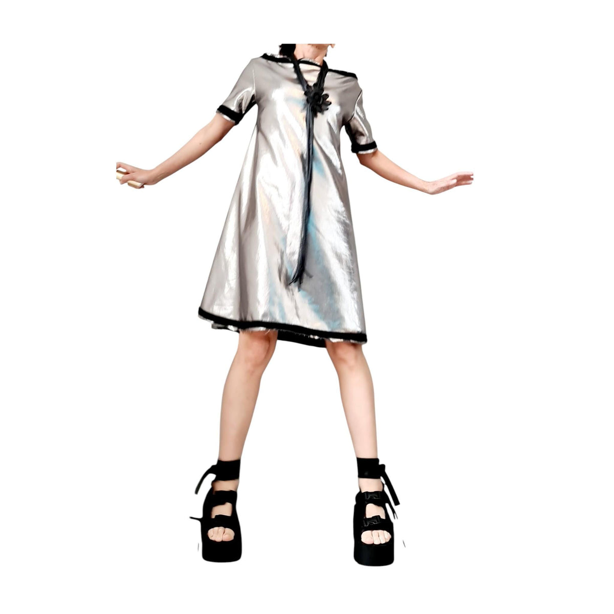 Black Silver Dress, Loose Cotton Tunic, Oversize A Line Short Sleeve Tunic