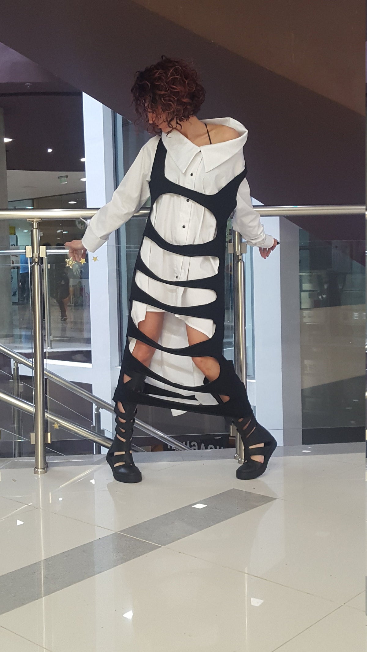 Asymmetric Deconstructed Black Cotton Top, Futuristic Gothic Tunic