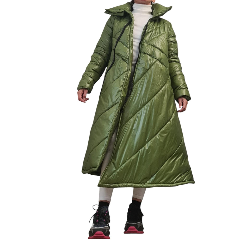 Green Maxi Puffer Coat, A-Line Quilted Jacket, Oversized High Collar Winter Outerwear